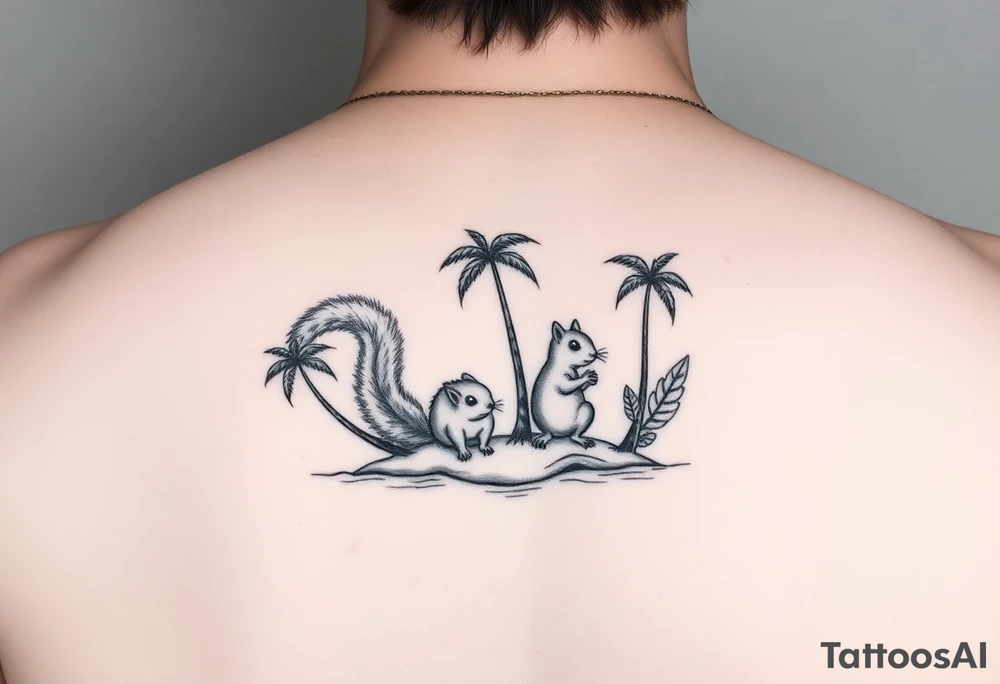 Squirrel family of 4 on an island with palm trees tattoo idea