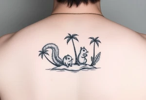 Squirrel family of 4 on an island with palm trees tattoo idea