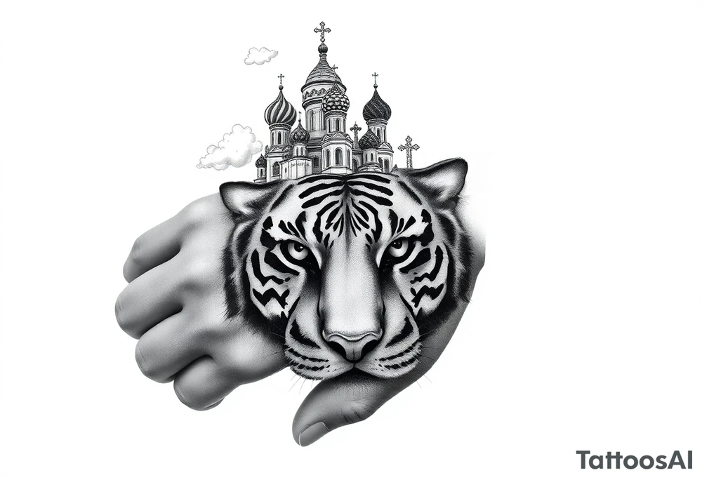 Realistic tiger face on the back of the hand with strong contrast and fine detail with its eyes completely black. with a highly detailed Russian Orthodox cathedral sitting above on fore arm with onion domes and orthodox crosses, done in fine line, engraving-like style. Cohesive composition, black ink only, no color, high contrast, slightly aged, documentary-style, plain light background. with clouds above and a virgin mary 
spanning from my hand to lower fore arm tattoo idea