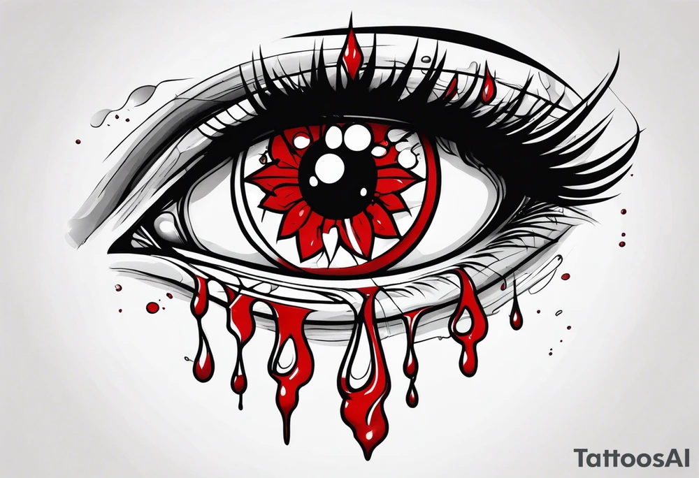 Bleeding tear flows to down from red eye sleeve tattoo design tattoo idea