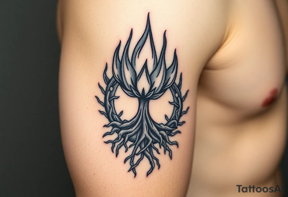 flame and blooming roots circle tattoo idea