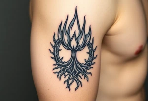 flame and blooming roots circle tattoo idea