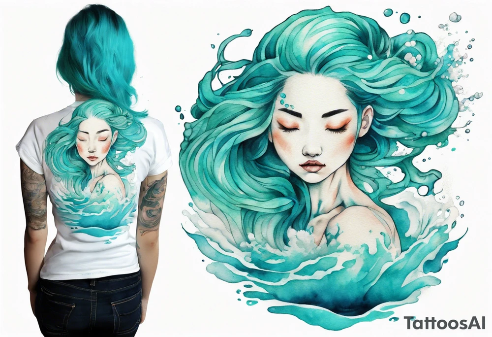 a woman made out of water emerging from the sea, turquoise hair tattoo idea