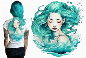 a woman made out of water emerging from the sea, turquoise hair tattoo idea