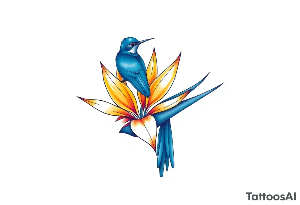Bird of paradise flower with blue bird tattoo idea