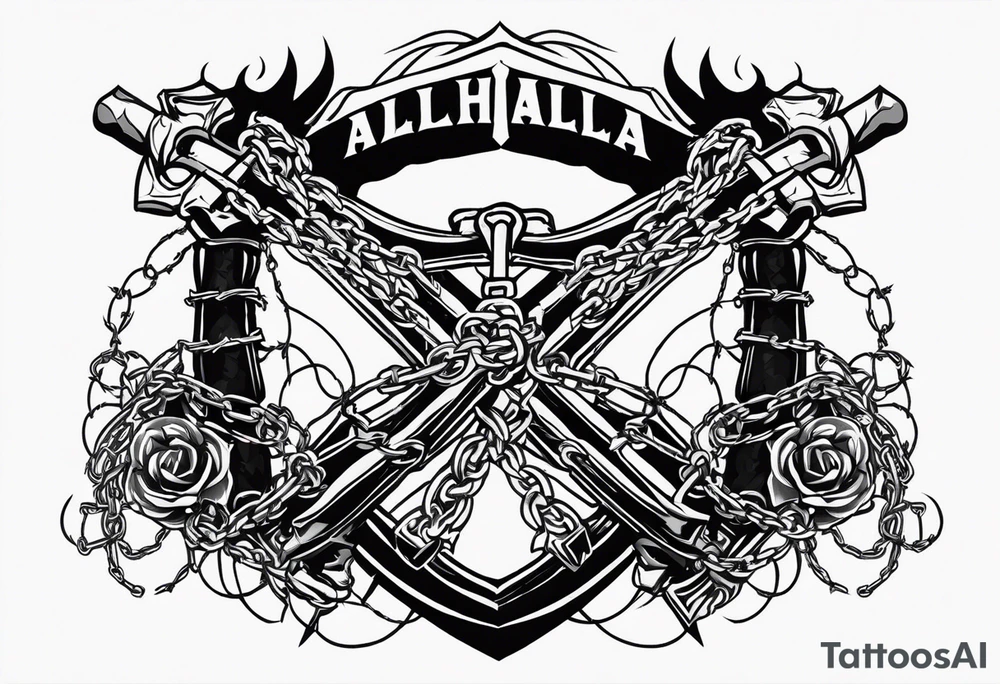 Valhalla sword shield axe barbed wire chains dark cloud tattoo idea