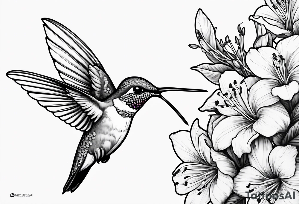 Hummingbird eating from azalea flowers tattoo idea