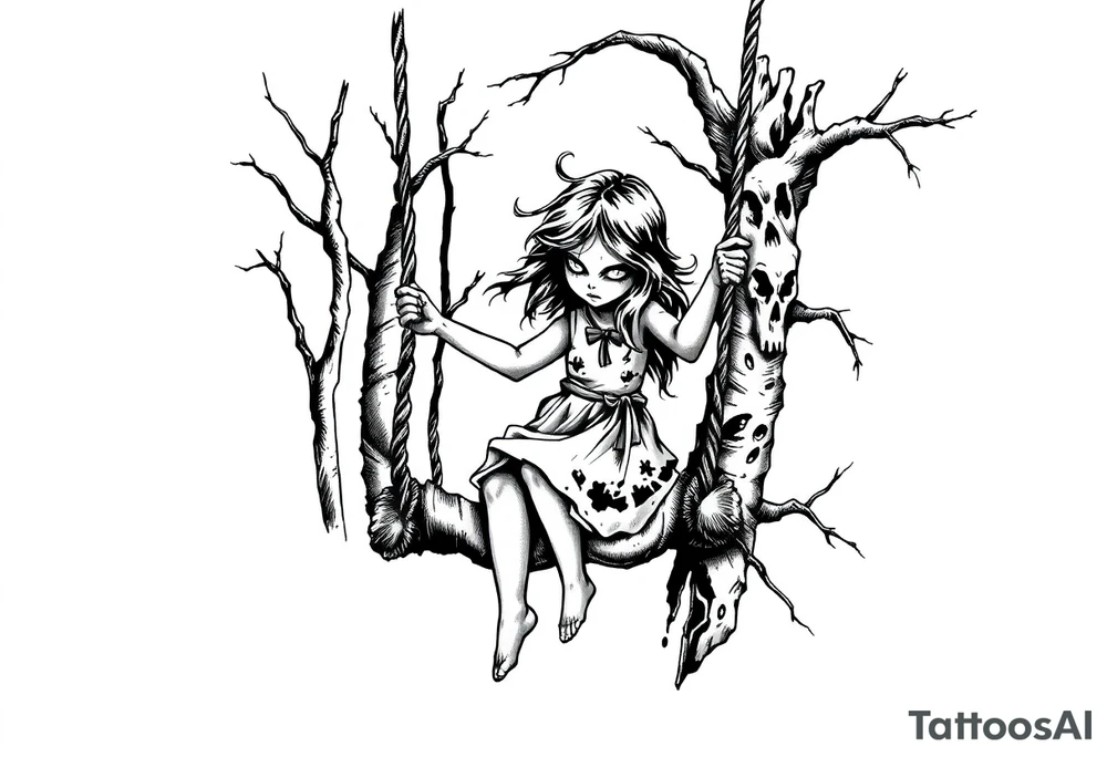 creepy little girl in the woods on a rope swing tattoo idea