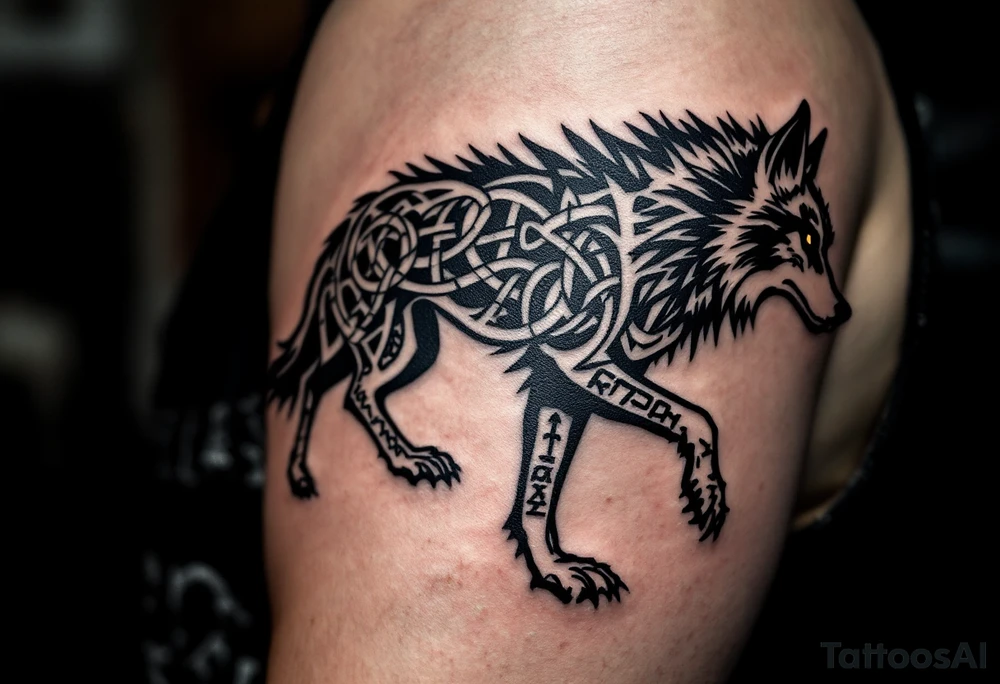 Celtic Wolf with Ogham Script – Gray wolf walking forward, Celtic knots along its spine, and ancient Ogham runes in dark brown along its legs. tattoo idea