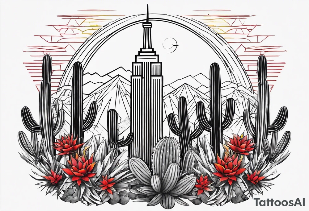 Crest with a hood on top,
13 rays of red and weld-yellow on the top half. NYC sky line
a cactus on the left side and a royal palm on the right side tattoo idea