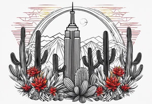 Crest with a hood on top,
13 rays of red and weld-yellow on the top half. NYC sky line
a cactus on the left side and a royal palm on the right side tattoo idea