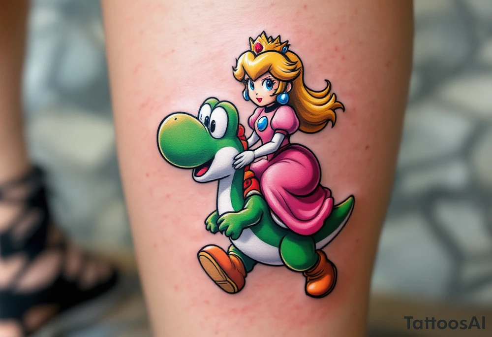 Princess Peach riding Yoshi from Mario Bros with vibrant colors. Make it more like the super Mario bros movie. Her dress should be poofier and covering her legs while he has red saddle with white trim. He should be walking upright tattoo idea