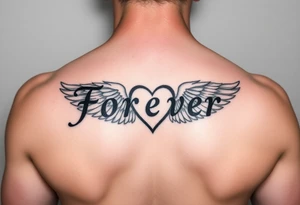Tattoo with the word forever, the letter L and a wing in the form of a heart tattoo idea