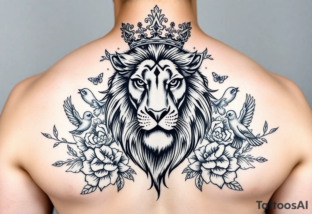 powerful majestic lion with a crown, surrounded by floral ornaments and birds tattoo idea