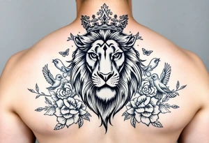 powerful majestic lion with a crown, surrounded by floral ornaments and birds tattoo idea
