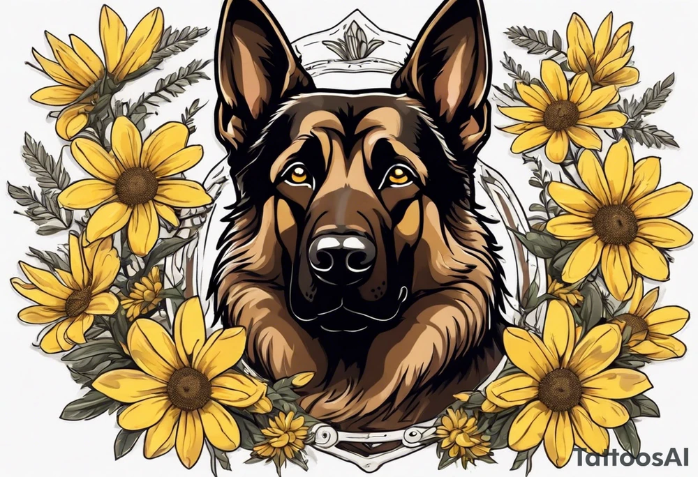 Dark Brown German shepherd portrait surrounded by yellow daisies tattoo idea