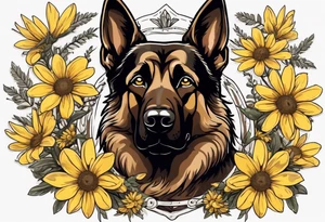 Dark Brown German shepherd portrait surrounded by yellow daisies tattoo idea