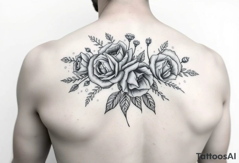 vintage bouquet of wild roses and meadow flowers with morning dew tattoo idea