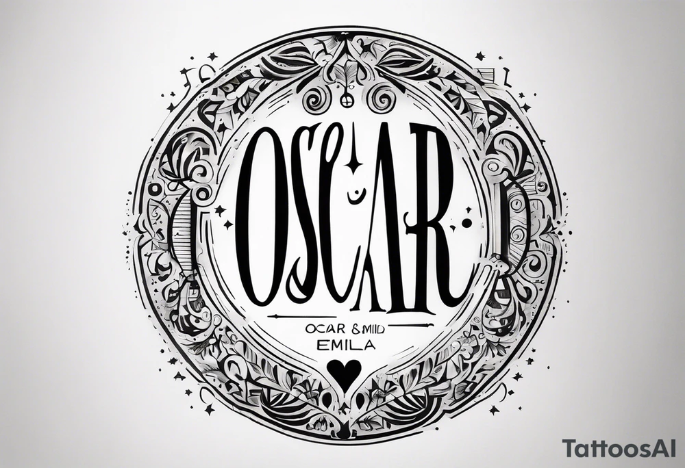 the words Oscar Embla & Emil in a circle tattoo idea