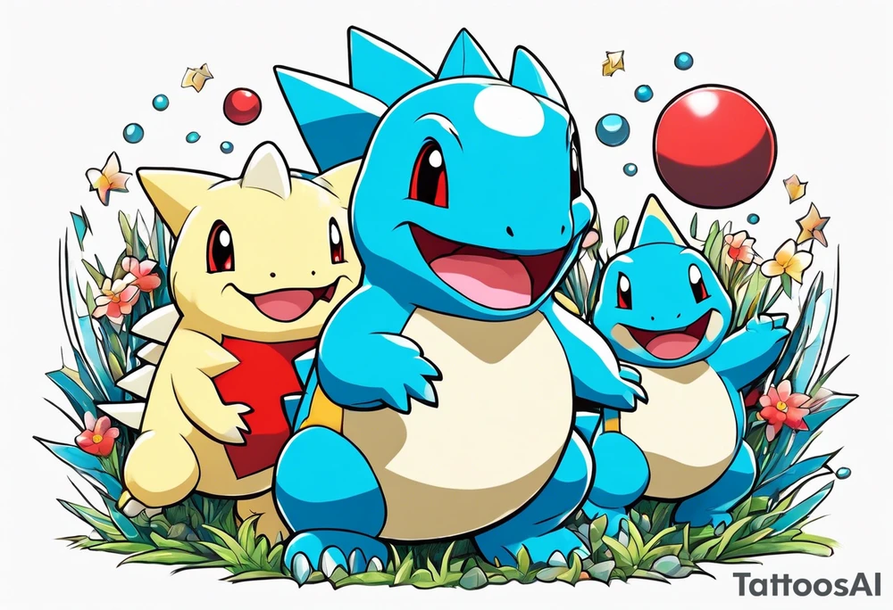 Togepi and totodile playing together in a field tattoo idea