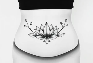 Symmetrical Lotus unalome with stems and leaves underboob tattoo idea