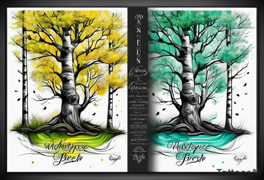 birch tree and includes the following wording "fuck cancer"
with yellow, green and aquamarine colours tattoo idea
