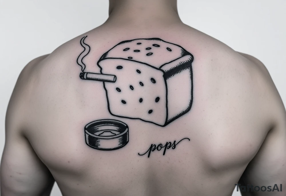 A loaf of bread smoking a cigarette with a ashtray  and pops written tattoo idea