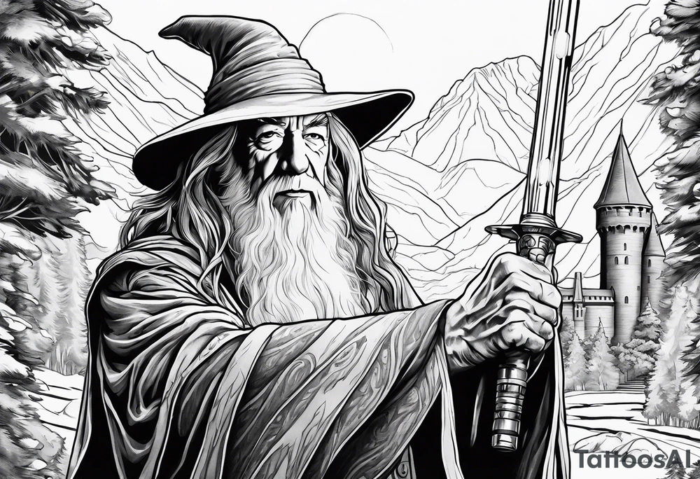 Gandalf wielding lightsaber, hogwarts in background. tattoo idea