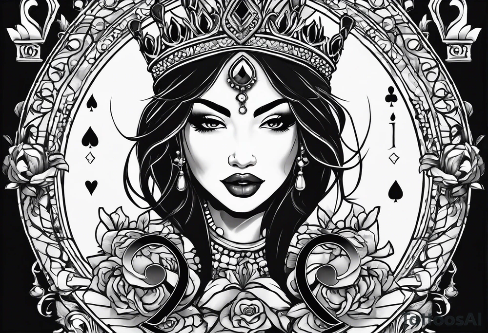 Latina Queen ahegao, drooling, happy, Spade Symbol with letter Q in the center of the spade framed, surrounded by whitespace tattoo idea