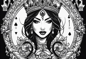 Latina Queen ahegao, drooling, happy, Spade Symbol with letter Q in the center of the spade framed, surrounded by whitespace tattoo idea