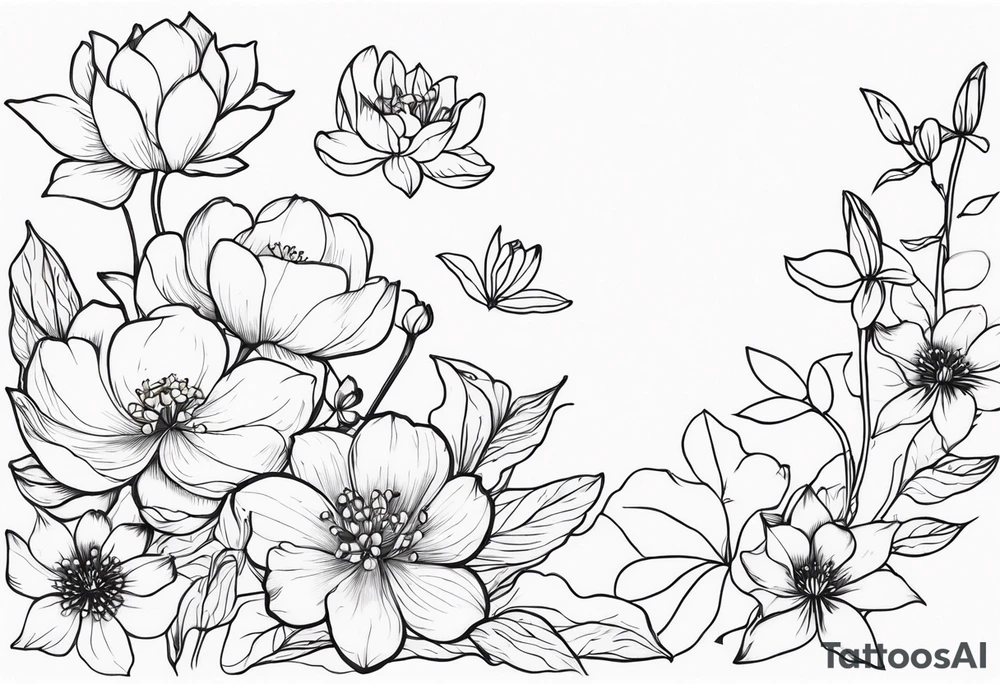 Thin line small lotus dogwood lily of the valley and peony wildflower tattoo idea