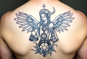 Sylph with dreads wearing blind fold and ankh pendant with tattoos holding weighing scales with the sun and moon rose vines surrounding and Anubis guarding tattoo idea