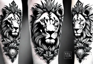 black and gray forearm sleeve tattoo where a lion is entering a forest and turning his head back tattoo idea