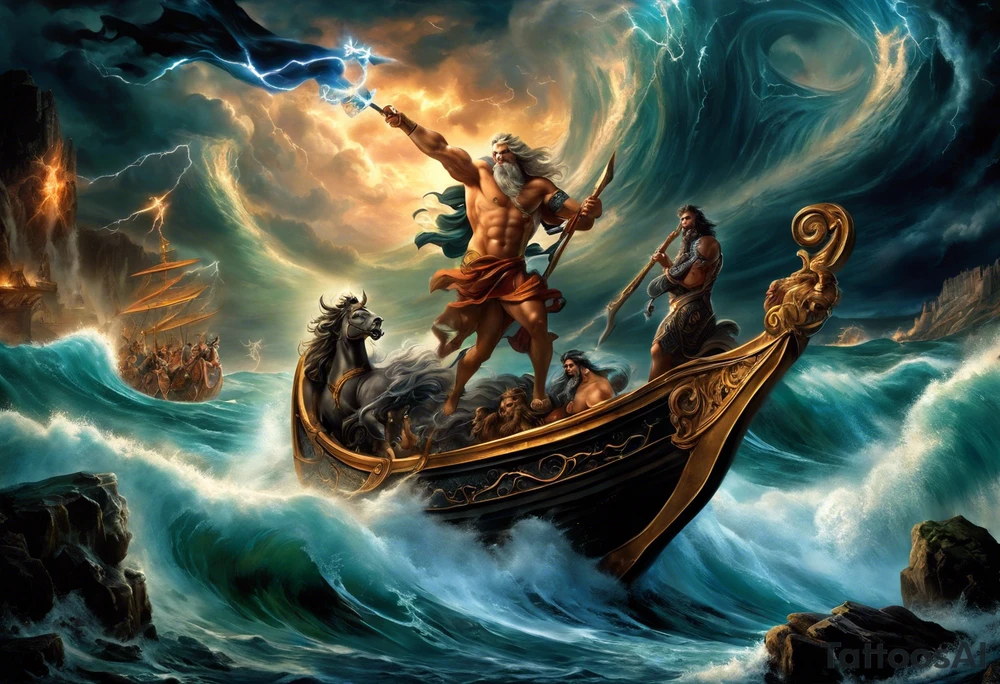 Tattoo sleeve with Zeus, Poseidon and Hades. Zeus holding a thunderbolt aloft in one hand with storm clouds and lightning bolts in the background. Poseidon riding a chariot pulled by seas horses with waves crashing around them. He is also wielding his trident. Hades seated on a dark throne in the underworld, surrounded by shadowy figures tattoo idea