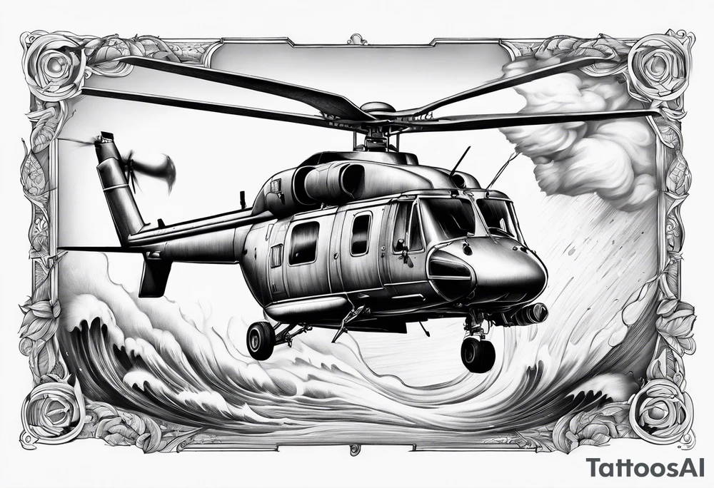 a helicopter dropping water on a fire with a bucket tattoo idea