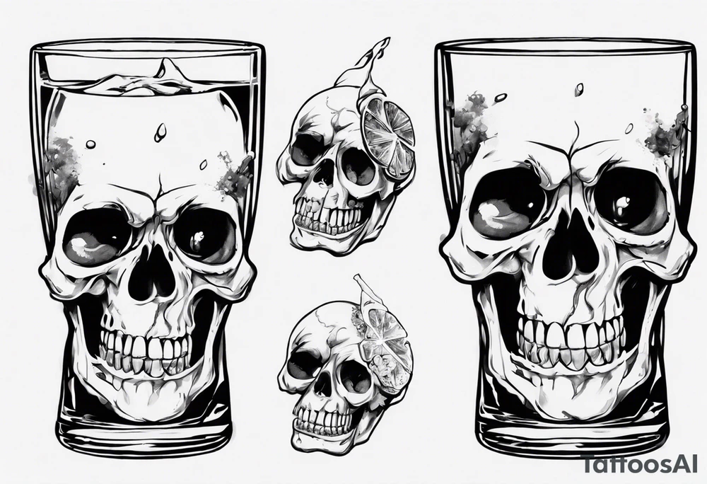 A happy, looking to the left scull inside the glass with alcohol and piece of lime tattoo idea