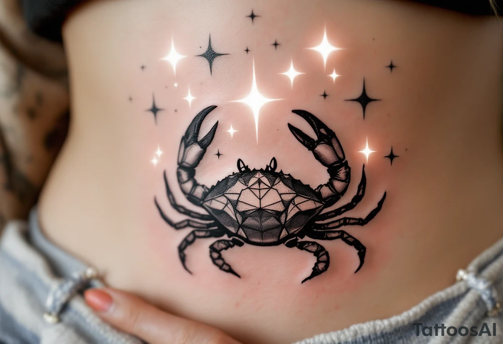 A monochrome Cancer crab is shaded in black and gray beneath constellation stars glowing in white ink. tattoo idea