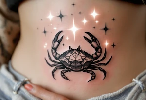 A monochrome Cancer crab is shaded in black and gray beneath constellation stars glowing in white ink. tattoo idea