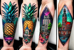 Tattoo of animals in Amsterdam featuring Amsterdam buildings and canal in galaxy colours featuring glass featuring woodland critters and birds and featuring pineapples tattoo idea