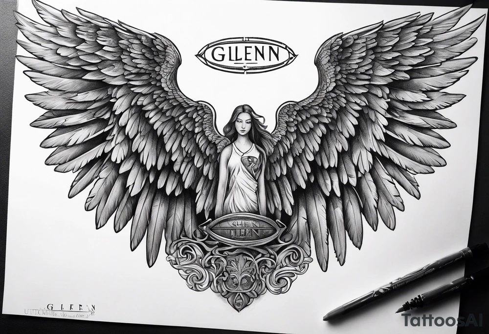 Angel Wings with the word Glenn in between tattoo idea