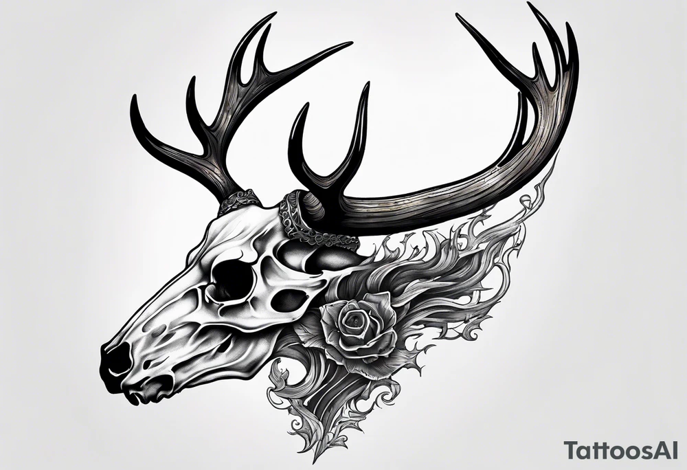 A side view of a decayed deer skull with no skin JUST BONE flames tattoo idea