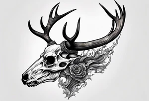 A side view of a decayed deer skull with no skin JUST BONE flames tattoo idea