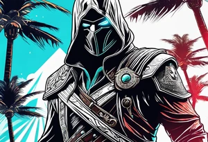 assassins creed character that is in the style of tron with palm trees tattoo idea