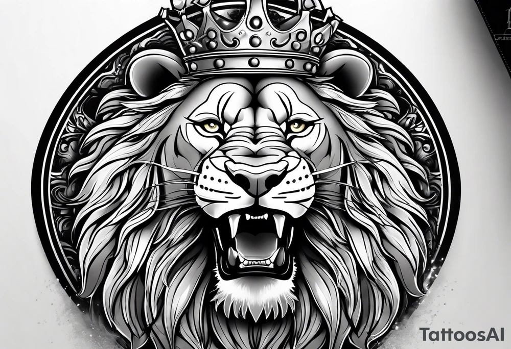 lion with a crown and sparkling eyes and mouth open teeth showing tattoo idea