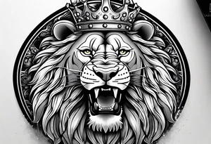 lion with a crown and sparkling eyes and mouth open teeth showing tattoo idea