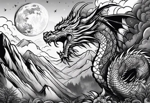 Mexican dragon flying over a mountain and around the moon arm sleeve tattoo idea