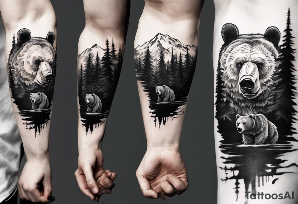 bear head right above the forest line with a lake below, full arm sleeve tattoo tattoo idea