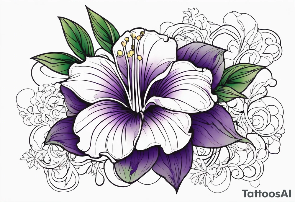 An outline of a rio dipladenia flower with a splatter green and purple behind it tattoo idea
