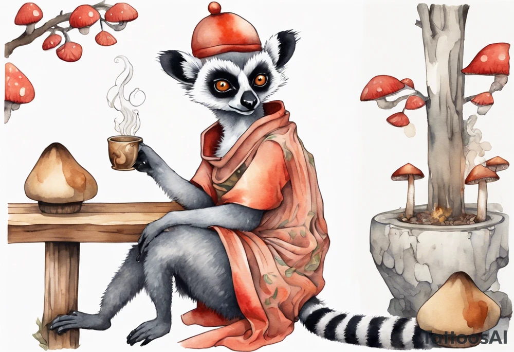 a lemur with a mushroom hat 
wearing a medieval tunic sitting on a bench by a fireplace drinking from a wood cup, happy tattoo idea