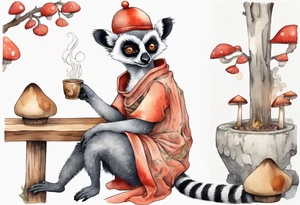 a lemur with a mushroom hat 
wearing a medieval tunic sitting on a bench by a fireplace drinking from a wood cup, happy tattoo idea